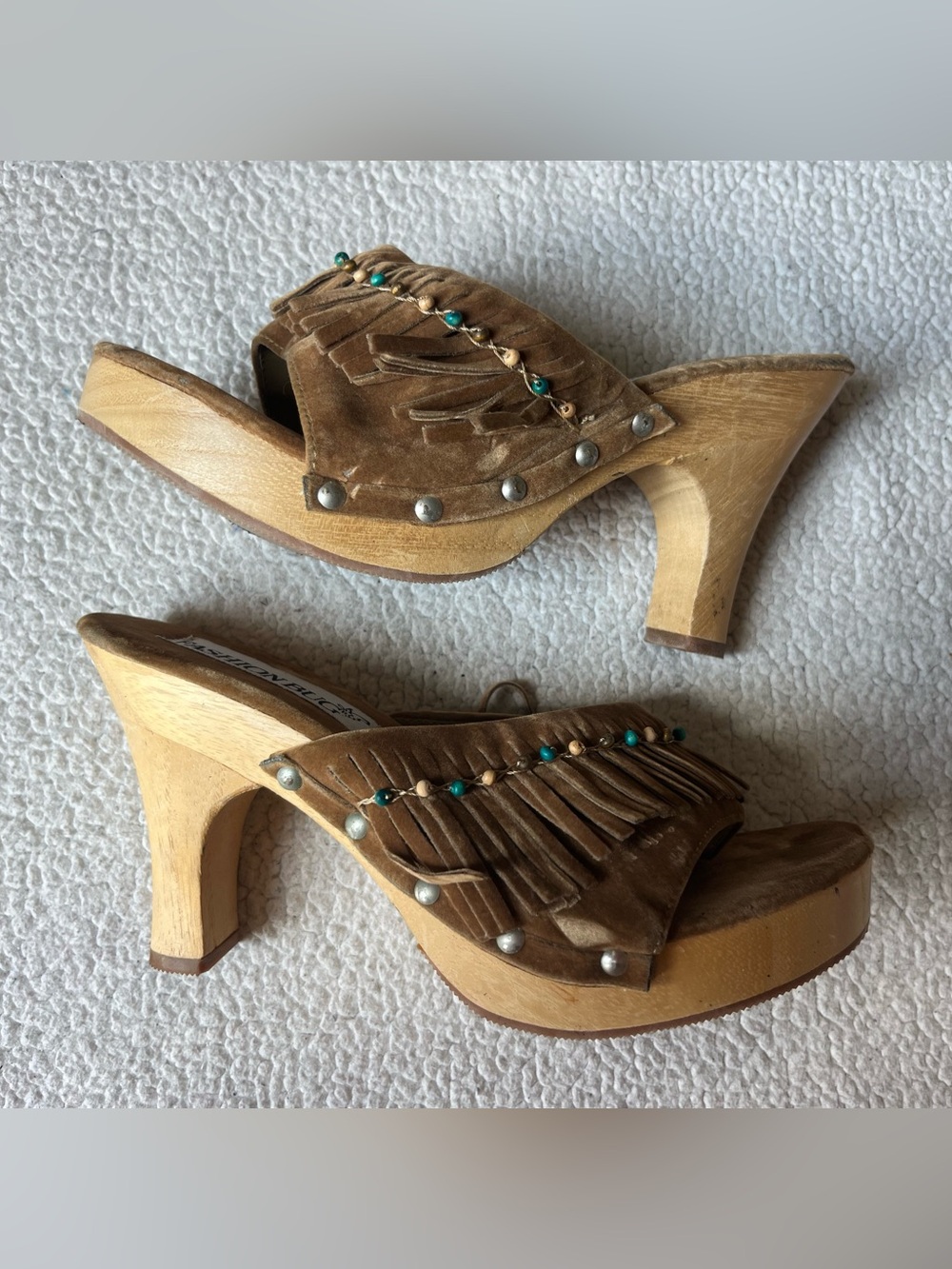 Vintage 90s Fashion Bug Fringe Turquoise Wooden Heeled Clog Sandals 6